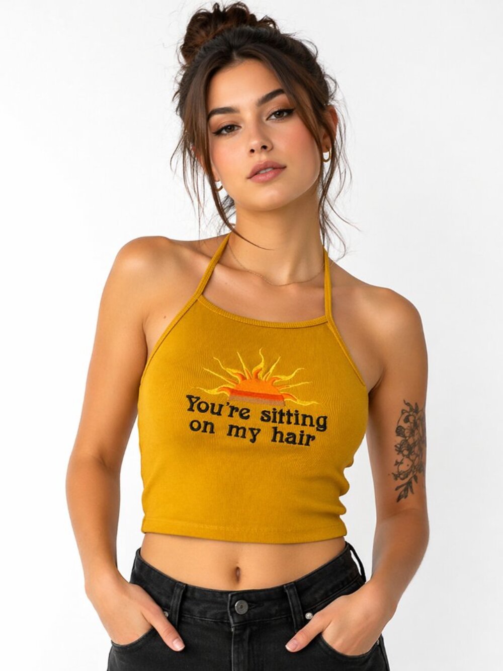 Current Mood Mustard Halter Crop Top  Embroidered